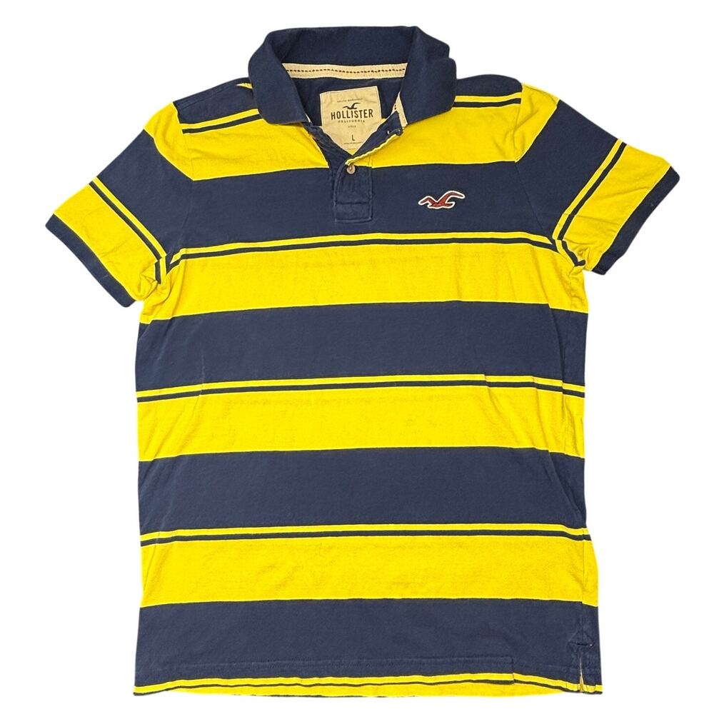 Hollister Rugby Polo Shirt Mens Large Navy/Yellow Striped Short-Sleeve Cotton